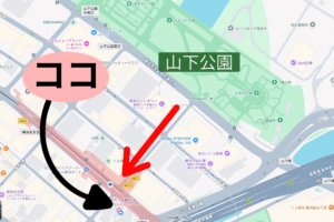 山下公園のバラ園から猫カフェ猫ちゃんといっしょへの地図